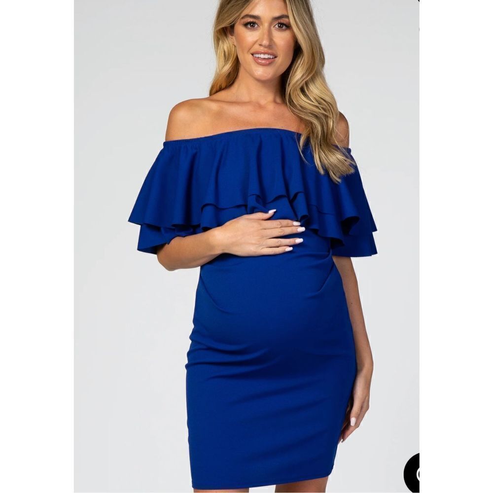 Hello MIZ Blue Double Layer Ruffle Off Shoulder Maternity Dress Size Small NWT